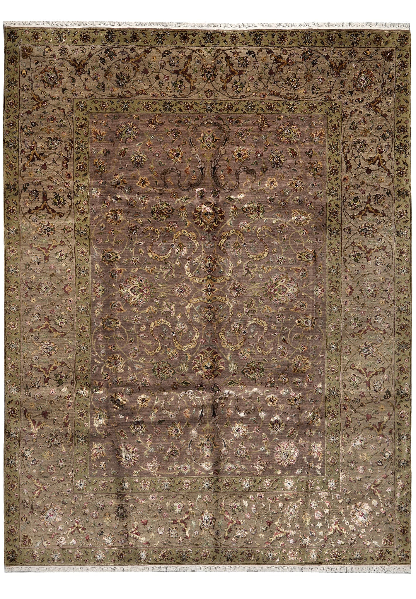 Hand Knotted Jaipur Wool Silk Rug 9 x 12 Brown Green Dusty Mauve India: Hand Knotted Jaipur Wool Silk Rug 9 x 12 Brown Green Dusty Mauve India Free continental US Shipping This hand-knotted Jaipur area rug is expertly crafted from high-quality wool and silk, featuring a t