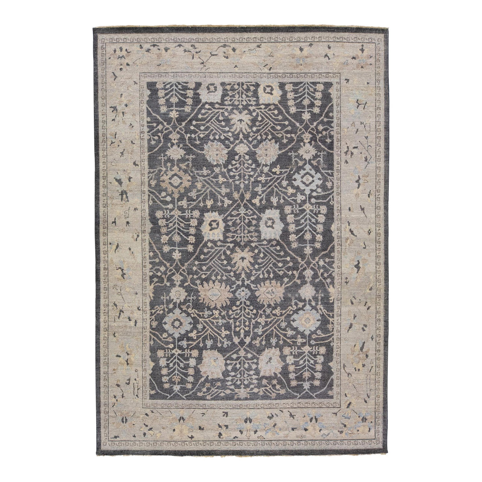 Artisan Handmade Charcoal Floral Wool Rug 8'7 x 12'3: Artisan Handmade Charcoal Floral Wool Rug 8'7 x 12'3 Transform your living space with this exquisite handmade wool rug from the Artisan Collection. Featuring a stunning all-over floral design in a sop