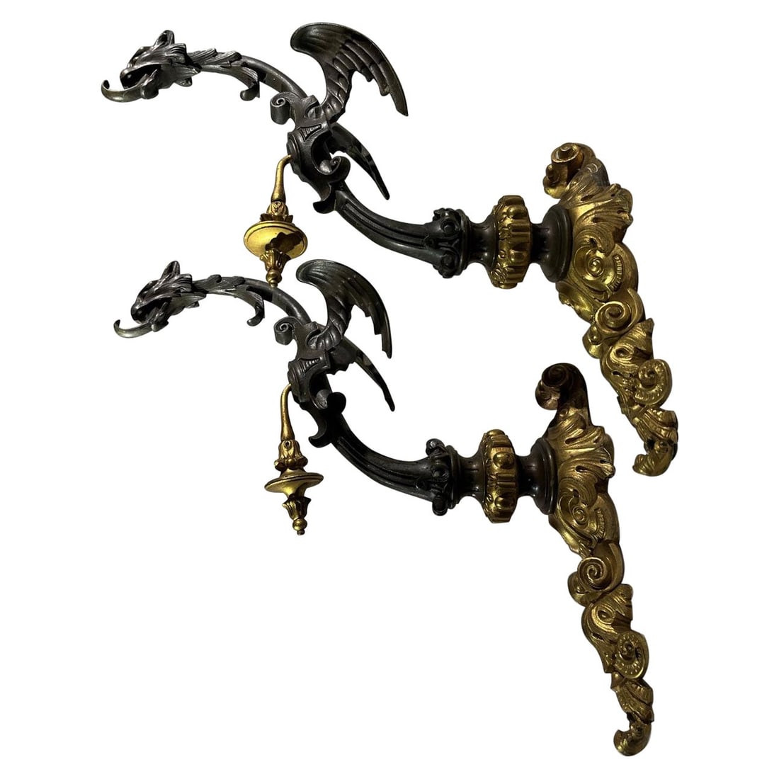Set of 2 French Gothic Revival Bronze Dragon Tiebacks C. 1850: Set of 2 French Gothic Revival Bronze Dragon Tiebacks C. 1850 This stunning pair of French Gothic Revival bronze drapery tiebacks, dating from around 1850, features a dynamic dragon form with a richly