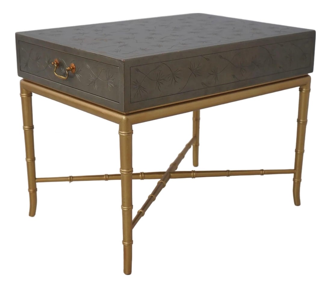 Faux Bamboo Accent Table With Brass Hardware And Gold Base: Faux Bamboo Accent Table With Brass Hardware And Gold Base This Kittinger mid-century modern side table features a faux bamboo form with incised and finely carved details, including a distinctive carv