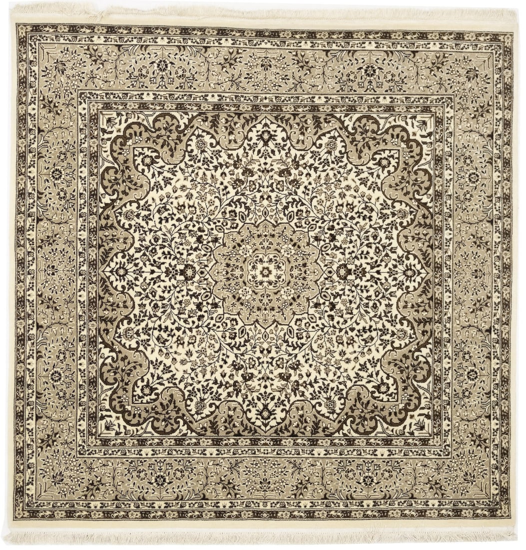 Square 6x6 Wool Area Rug Hand-Knotted Kirman Style Floral Pattern: Square 6x6 Wool Area Rug Hand-Knotted Kirman Style Floral Pattern This hand-knotted square Kirman rug features a plush wool construction and a floral oriental design in a palette of cream, brown, and