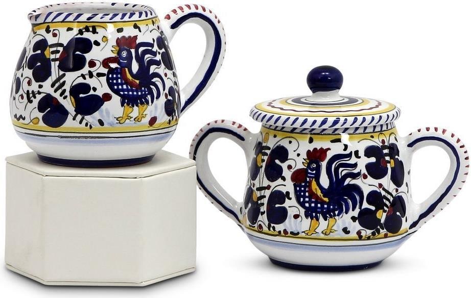 Handmade Deruta Ceramic Sugar & Creamer Set Orvieto Blue Rooster (1 of 1)