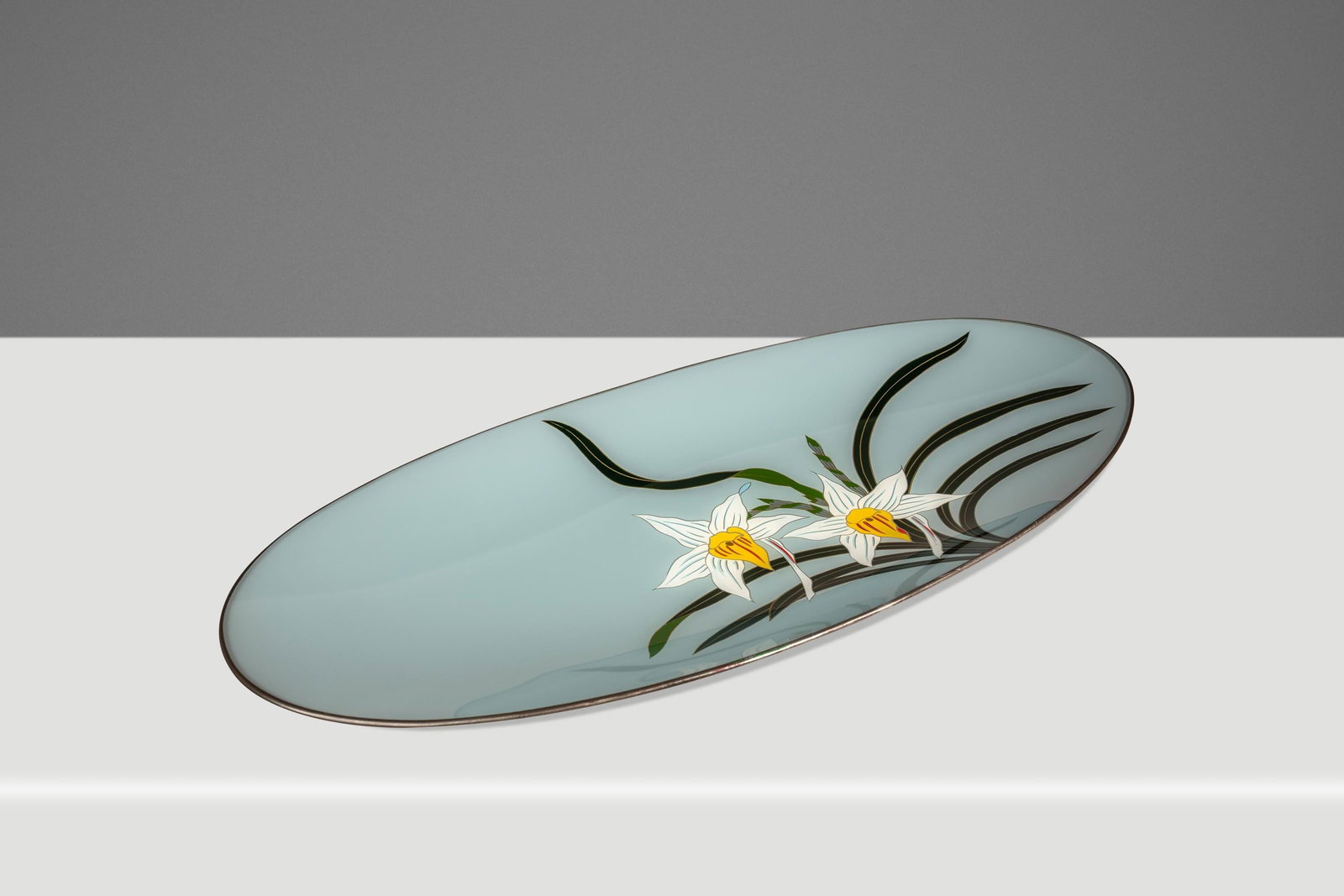 Hand-Painted Orchid Glass Serving Dish with Case Mitsukoshi Japan 1960s (1 of 18)