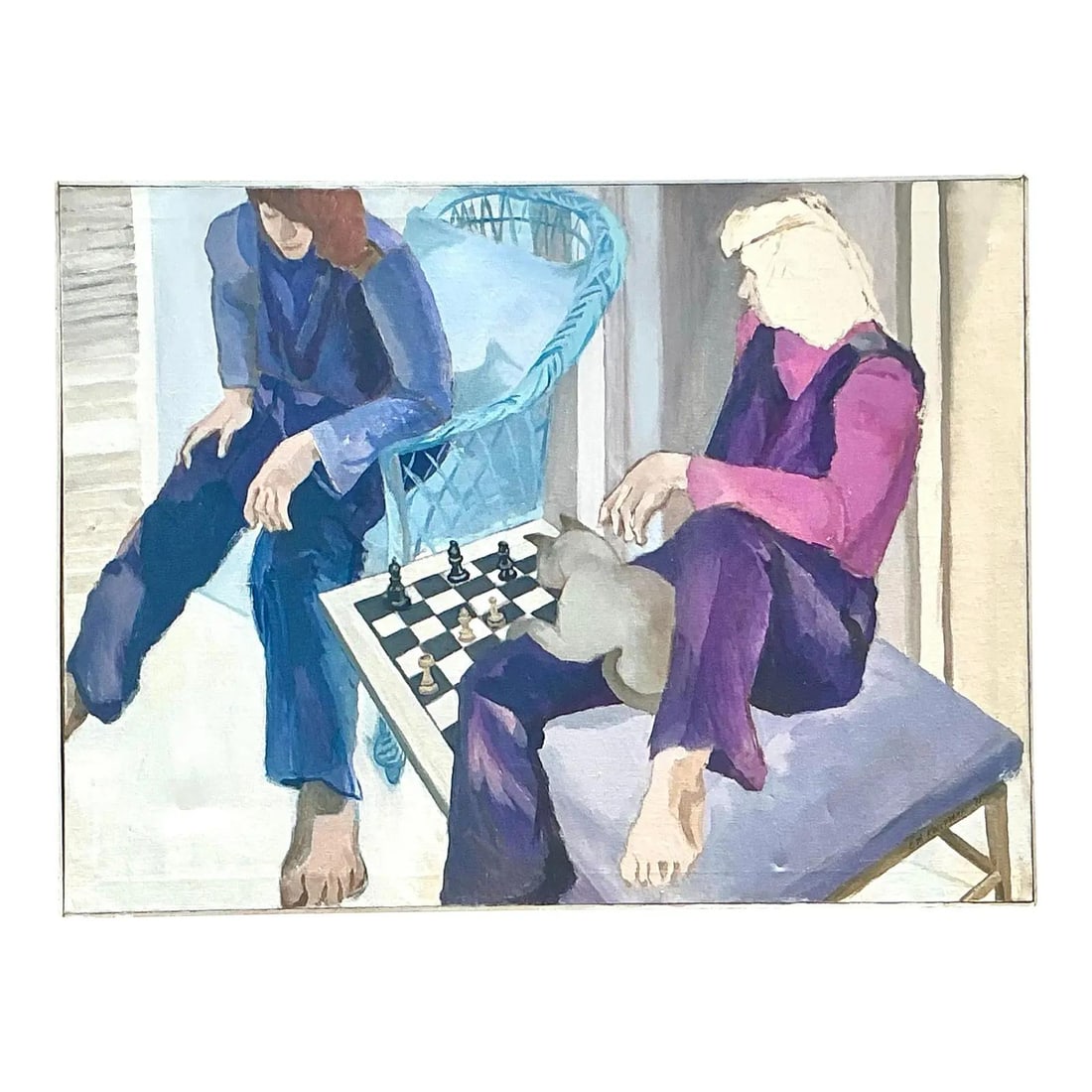 Vintage Boho Original Oil Painting Chess Scene on Canvas 48.5 x 36.5: Vintage Boho Original Oil Painting Chess Scene on Canvas 48.5 x 36.5 Experience the captivating essence of human connection with this Vintage Original Figurative Oil Painting on Canvas. This unique ar