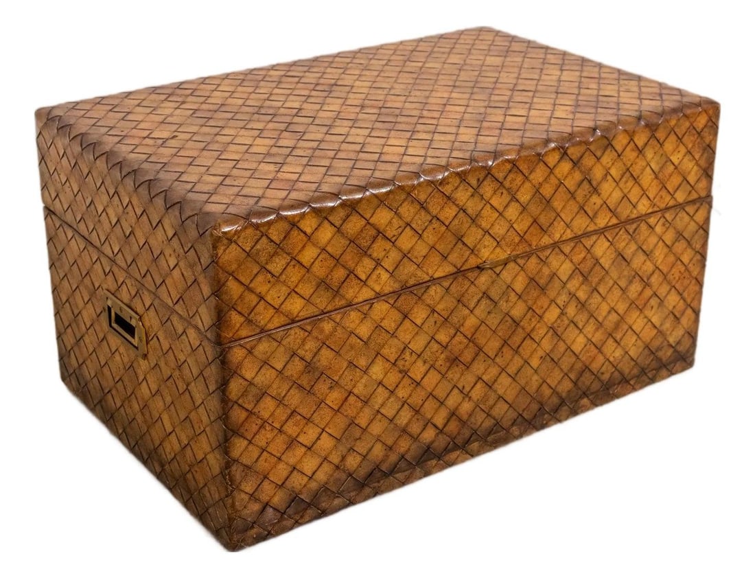 Woven Leather Storage Trunk with Lid and Solid Brass Hardware (1 of 10)