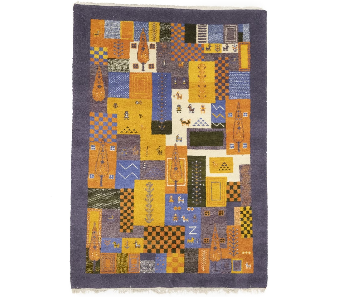 Multicolor Wool Area Rug 5'7 x 7'11 Handmade Indo-Gabbeh Pictorial Tribal Design: Multicolor Wool Area Rug 5'7 x 7'11 Handmade Indo-Gabbeh Pictorial Tribal Design This handmade Indo-Gabbeh rug features a multicolored tribal pictorial design with shades of purple, gold, yellow, crea