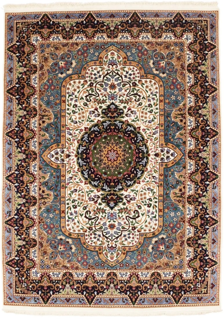 Hand-Knotted Wool Area Rug Cream Floral Kirman Design 5'8 x 7'10: Hand-Knotted Wool Area Rug Cream Floral Kirman Design 5'8 x 7'10 This handmade Kirman area rug features a classic vintage-inspired floral pattern in cream, navy blue, teal blue, khaki, caramel, and gr