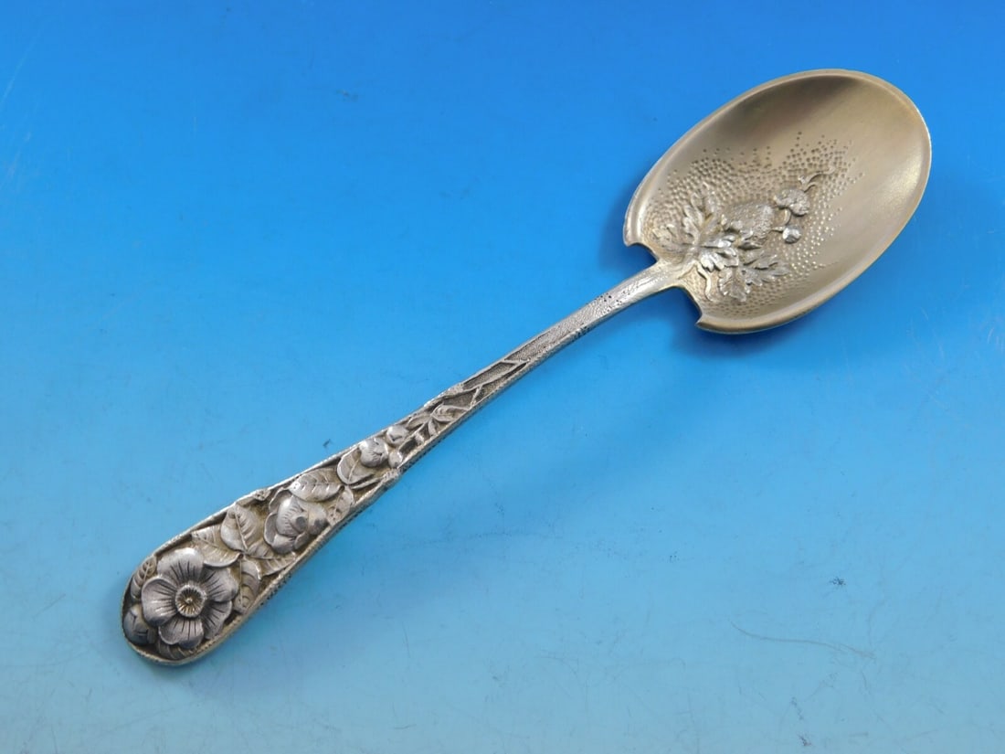 Gorham Eglantine Sterling Silver Ice Cream Spoon Gold Washed Strawberry 6 Inch: Gorham Eglantine Sterling Silver Ice Cream Spoon Gold Washed Strawberry 6 Inch Indulge in a touch of elegance with this Eglantine by Gorham Sterling Silver Ice Cream Spoon. Featuring a delightful stra