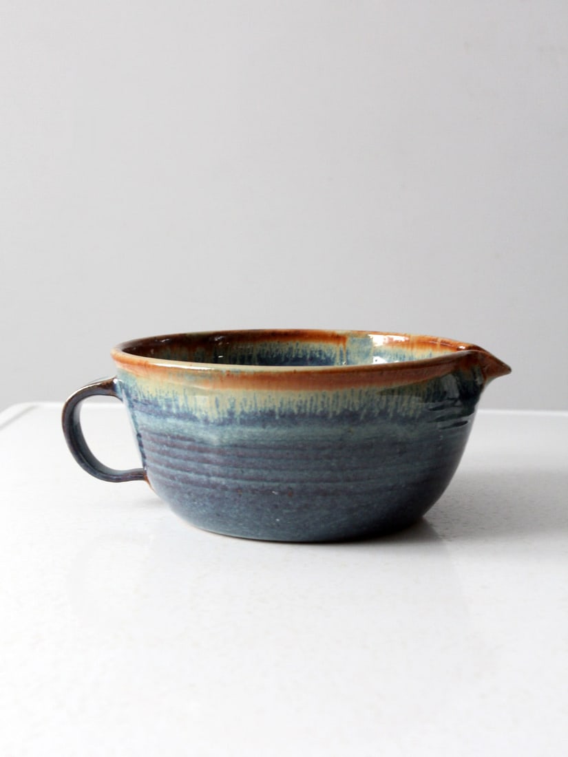 Handmade Vintage Studio Pottery Batter Bowl with Ombre Blue Glaze: Handmade Vintage Studio Pottery Batter Bowl with Ombre Blue Glaze This vintage studio pottery batter bowl combines functionality with artistic flair. Handmade and signed by the artist, it features a c