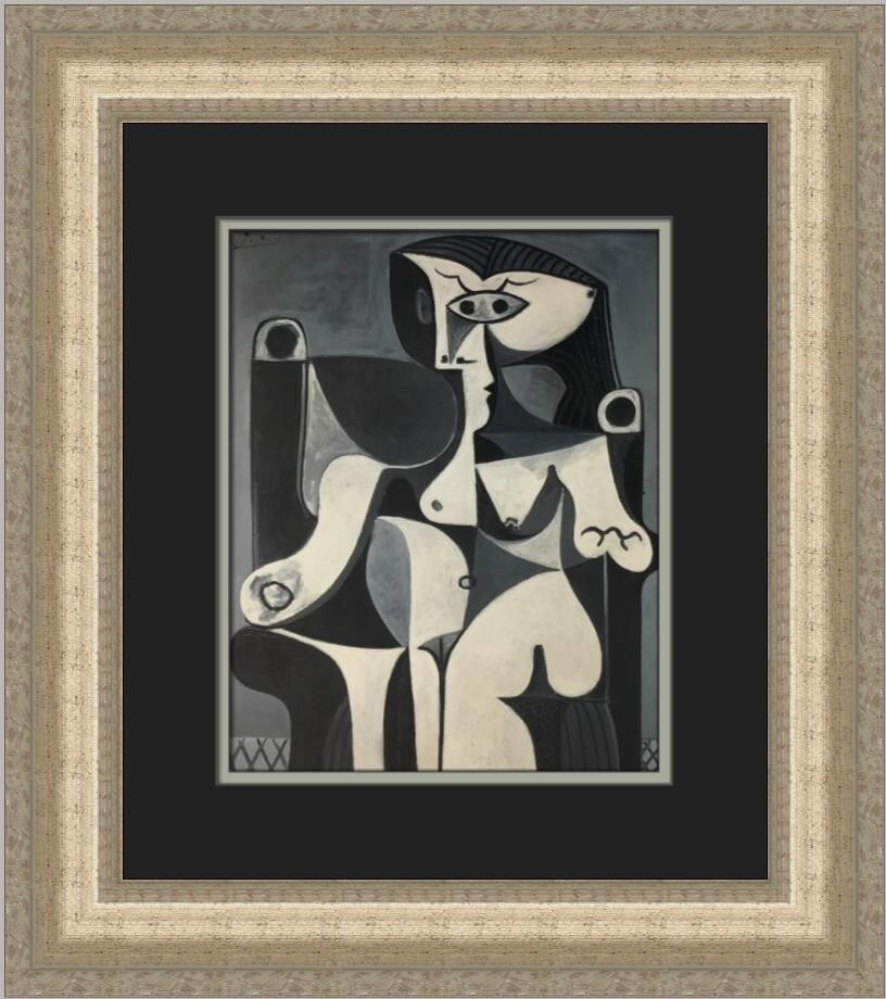 Pablo Picasso Portrait of a Seated Woman Custom Framed Art Print: Pablo Picasso Portrait of a Seated Woman Custom Framed Art Print This striking custom framed print titled "Portrait of a Seated Woman" by Pablo Picasso showcases the artist's abstract expressionism st