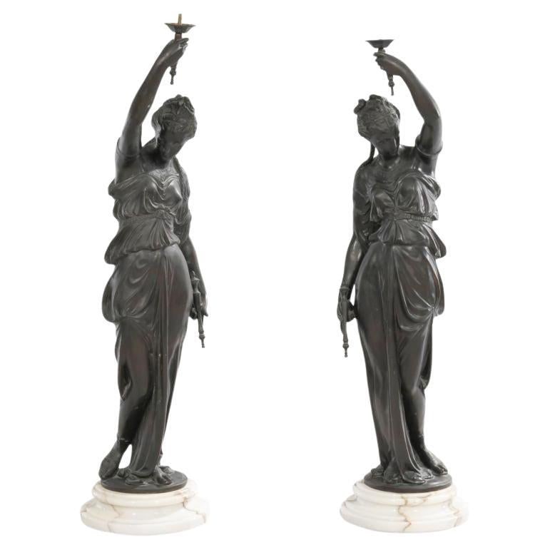 Set of 2 French Neoclassical Bronze Torchere Female Sculptures Circa 1940s (1 of 12)