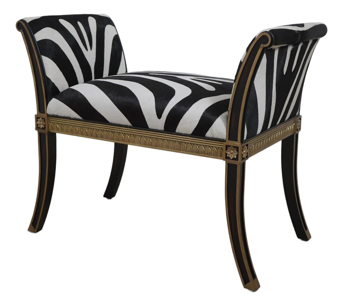 Maitland Smith Zebra Print Bench Regency Style Black Leather (1 of 10)