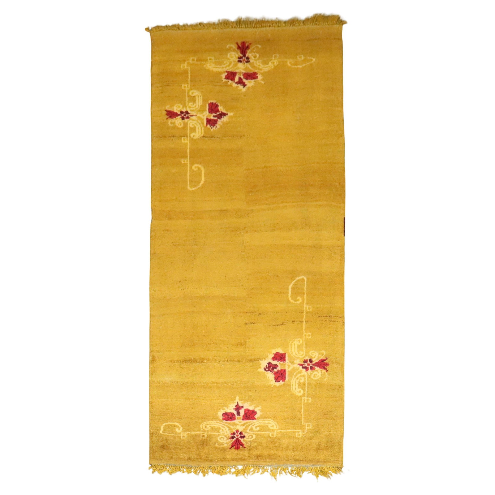 Small Hand-Knotted Turkish Oushak Wool Runner with Subtle Floral Motifs: Small Hand-Knotted Turkish Oushak Wool Runner with Subtle Floral Motifs This antique Turkish Oushak runner is hand-knotted from wool and showcases a luminous golden yellow field with soft abrash and s