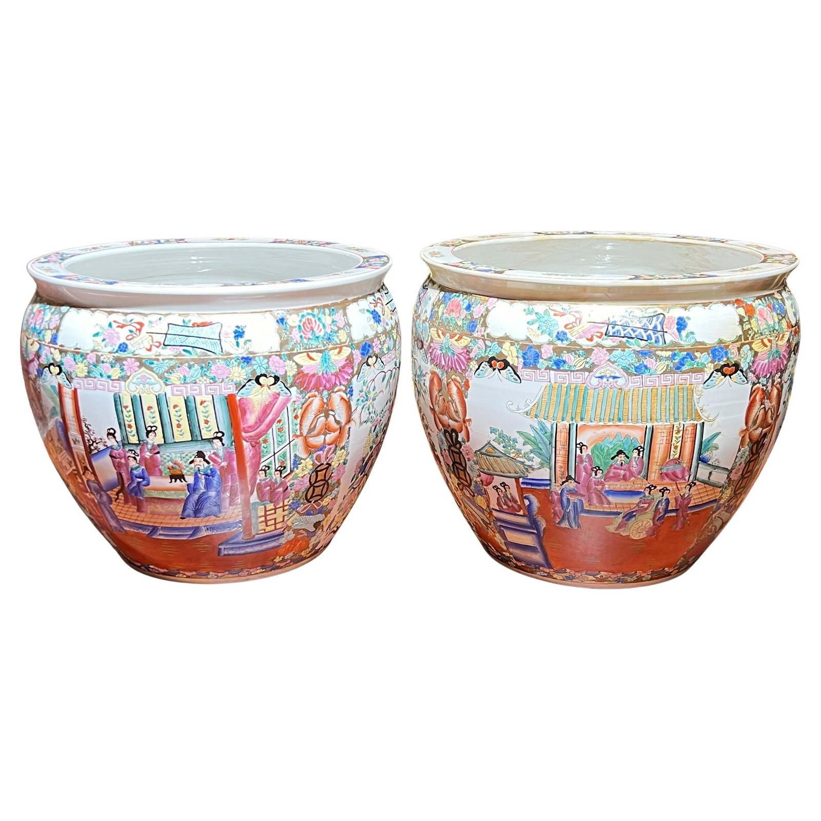 Set of 2 Large Famille Rose Porcelain Jardinieres Chinese: Set of 2 Large Famille Rose Porcelain Jardinieres Chinese This set includes two large Chinese export porcelain fish bowls or jardinieres crafted in the Famille Rose style. Each piece features vibrant
