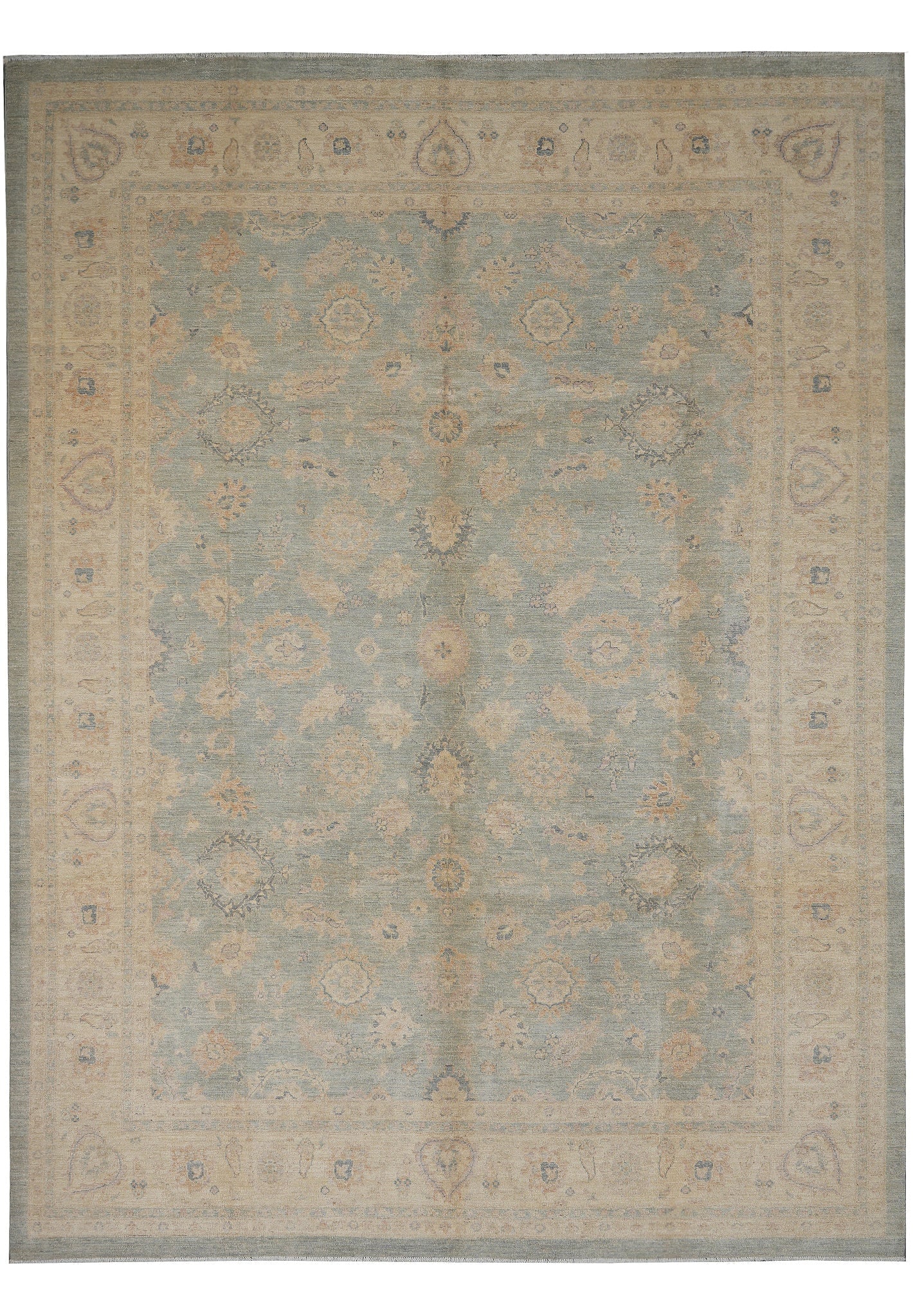 9 x 12 Chobi Peshawar Area Rug Hand Knotted Wool Zigler Pattern Pakistan: 9 x 12 Chobi Peshawar Area Rug Hand Knotted Wool Zigler Pattern Pakistan Free continental US Shipping This antique light green Chobi Peshawar rug is handmade in Pakistan and features a classic Zigler