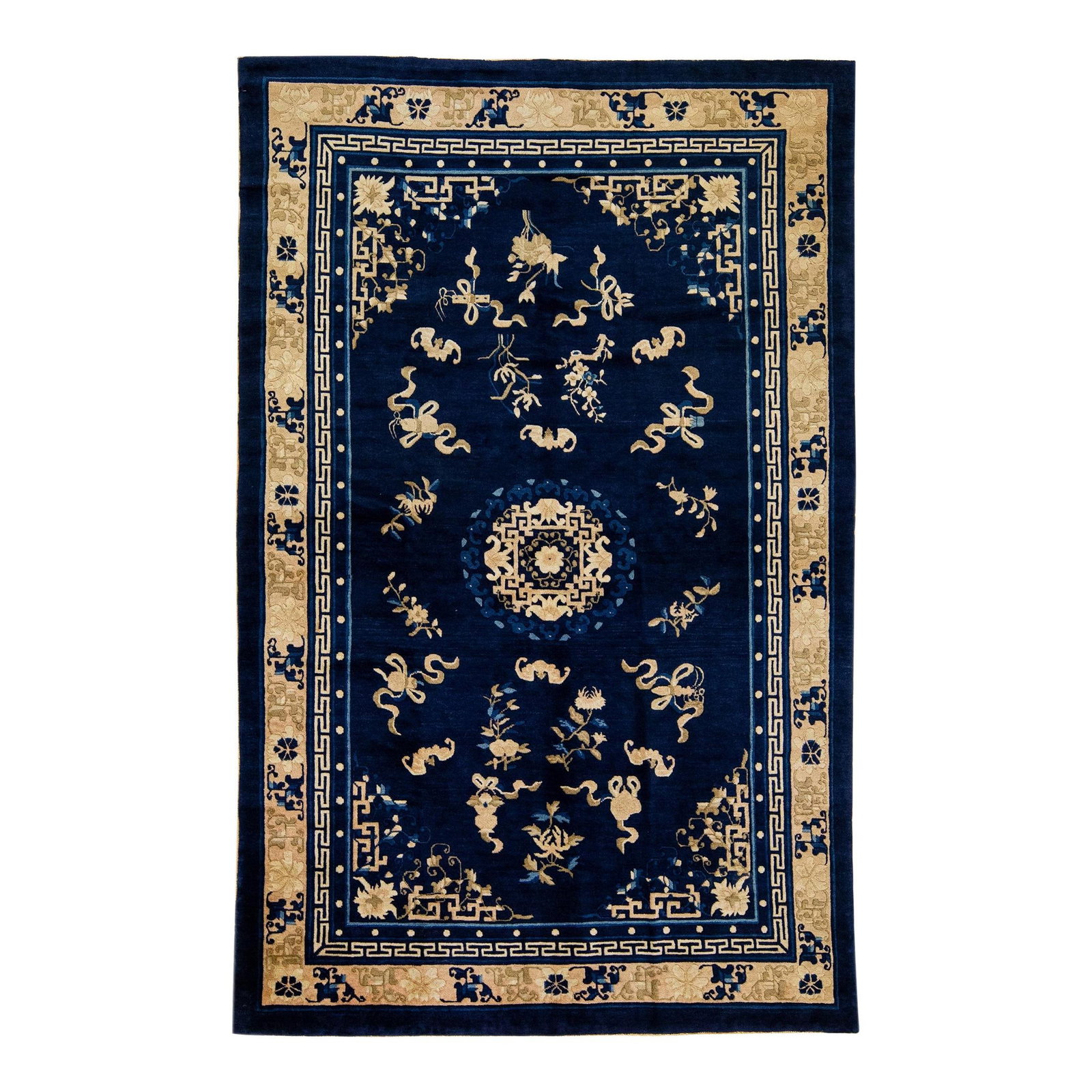 1920s Antique Chinese Peking Wool Rug Hand-Knotted Floral Design Blue 5'1 x 8'1: 1920s Antique Chinese Peking Wool Rug Hand-Knotted Floral Design Blue 5'1 x 8'1 This exquisite antique Peking Chinese rug is handcrafted from high-quality wool, showcasing a rich navy blue field beaut