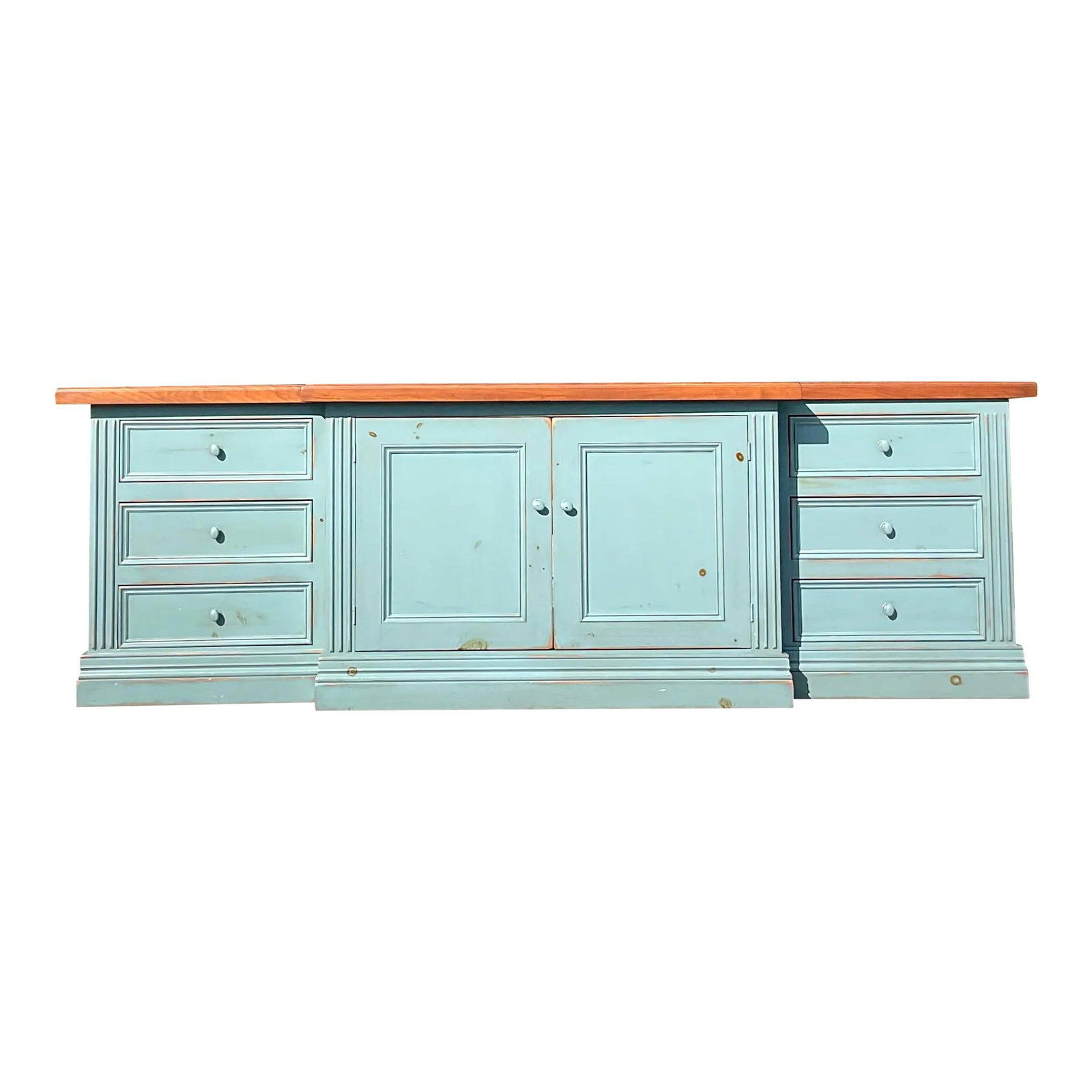 Monumental Vintage Boho Credenza Cerulean Blue Wash Wood Top: Monumental Vintage Boho Credenza Cerulean Blue Wash Wood Top This stunning late 20th-century vintage Boho credenza is a statement piece for any space. Featuring a chic matte cerulean blue wash finish,