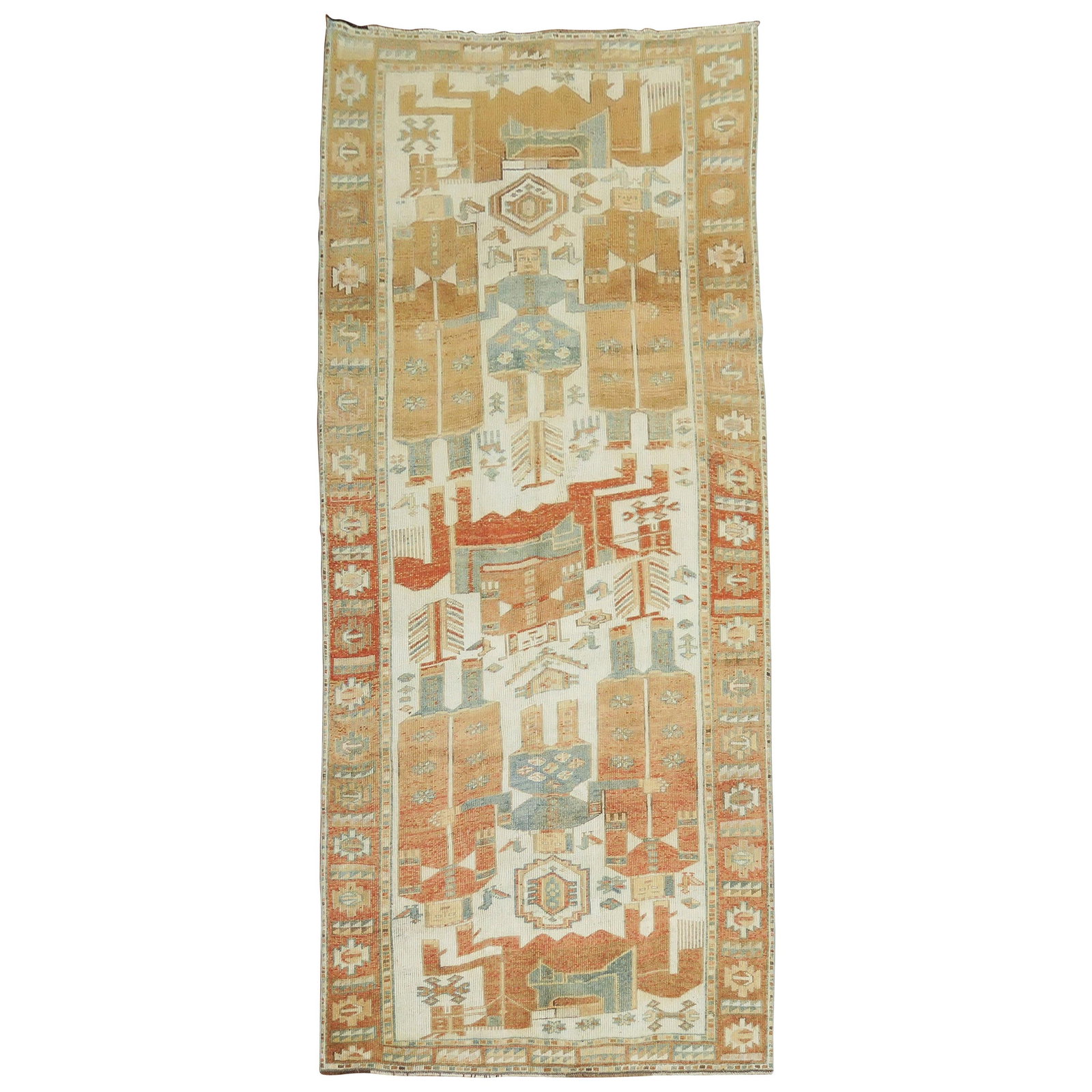 Persian Balouch Gallery Runner Wool Pictorial 1940s Folk Art 58 x 128 in: Persian Balouch Gallery Runner Wool Pictorial 1940s Folk Art 58 x 128 in This exquisite Persian Balouch gallery runner features a striking human pictorial design, hand-woven from high-quality wool. Me