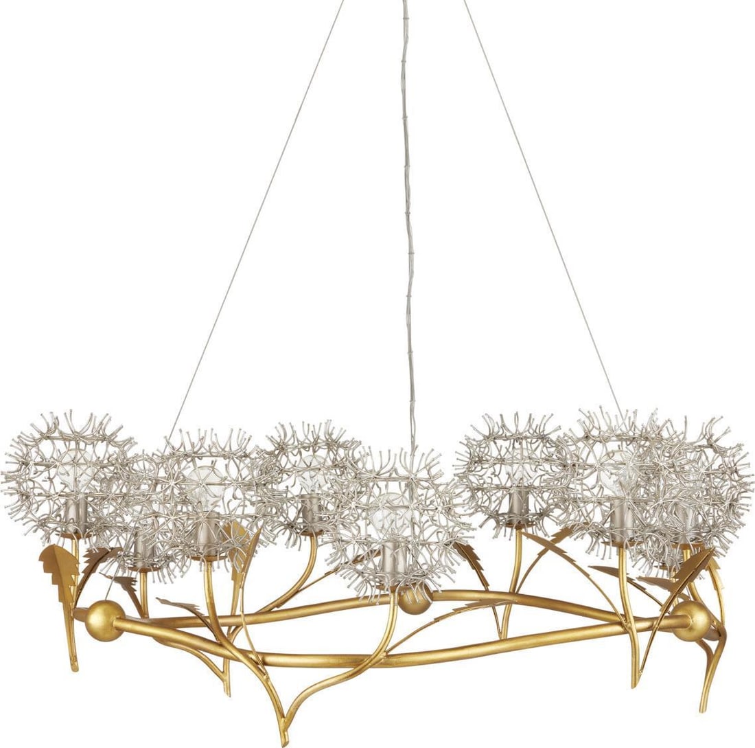 Currey Dandelion Gold Silver Leaf Bowl Chandelier 15H 38.5W 9 Bulbs: Currey Dandelion Gold Silver Leaf Bowl Chandelier 15H 38.5W 9 Bulbs Illuminate your space with this stunning Elegant Gold and Silver Leaf Chandelier, perfect for adding a touch of sophistication to an