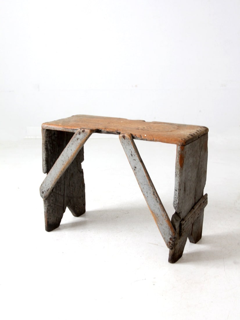 Antique Primitive Wood Bench Stool Soft Gray Finish (1 of 14)
