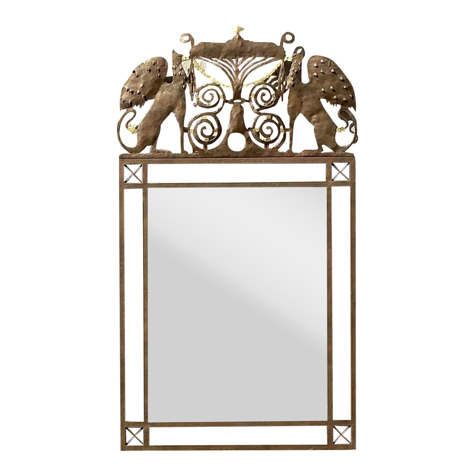 Vintage Punch-Cut Phoenix Mirror 30.25x53.75 in Rustic Metal Frame: Vintage Punch-Cut Phoenix Mirror 30.25x53.75 in Rustic Metal Frame Make a bold statement with this stunning vintage punch-cut Phoenix mirror, an artistic fusion of intricate metalwork and mythical ins