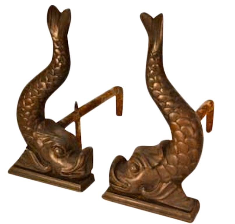 Solid Cast Bronze Fantasy Fish Andirons 21 Depth 17 Height (1 of 3)