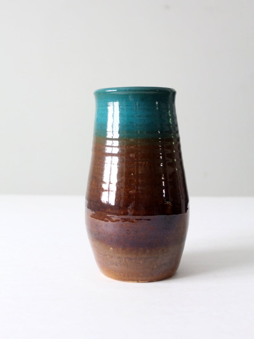 Handmade Vintage Studio Pottery Vase with Brown and Turquoise Glaze (1 of 9)
