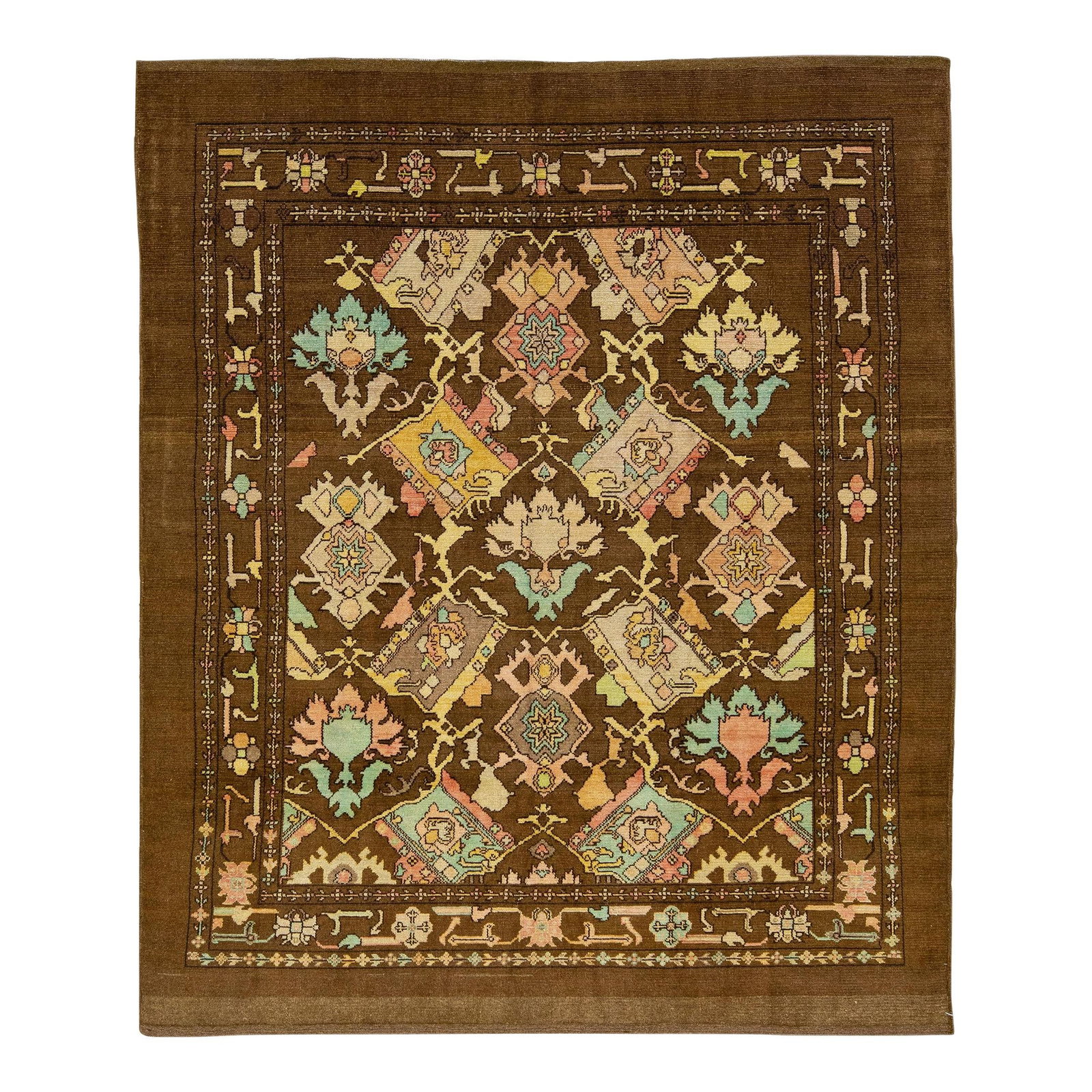 Handmade Mid-Century Modern Brown Floral Wool Rug 7'8 x 9'2 (1 of 8)