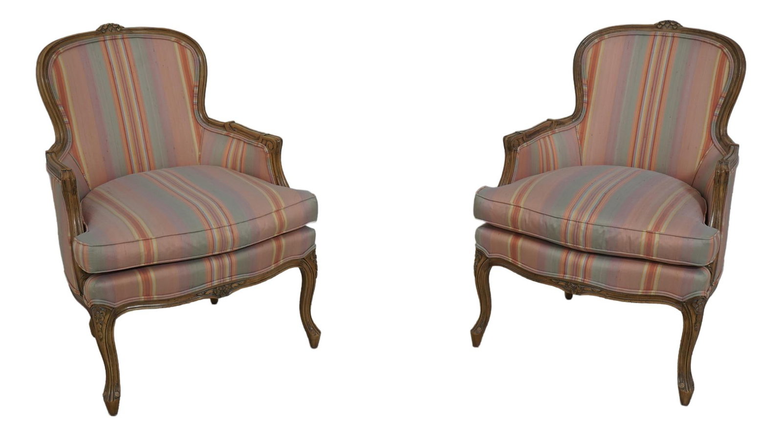 Pair Century Tuscany Louis XV Bergere Chairs with Carved Details (1 of 10)