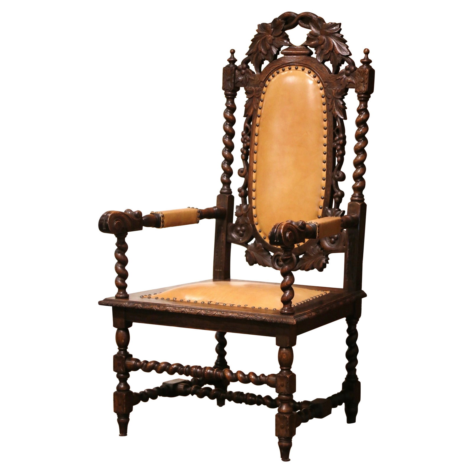 Antique 19th Century Louis XIII Oak Armchair by Karpen with Leather Upholstery: Antique 19th Century Louis XIII Oak Armchair by Karpen with Leather Upholstery This exquisite 19th Century Louis XIII Style Armchair, crafted by Karpen Furniture, showcases a masterful blend of crafts