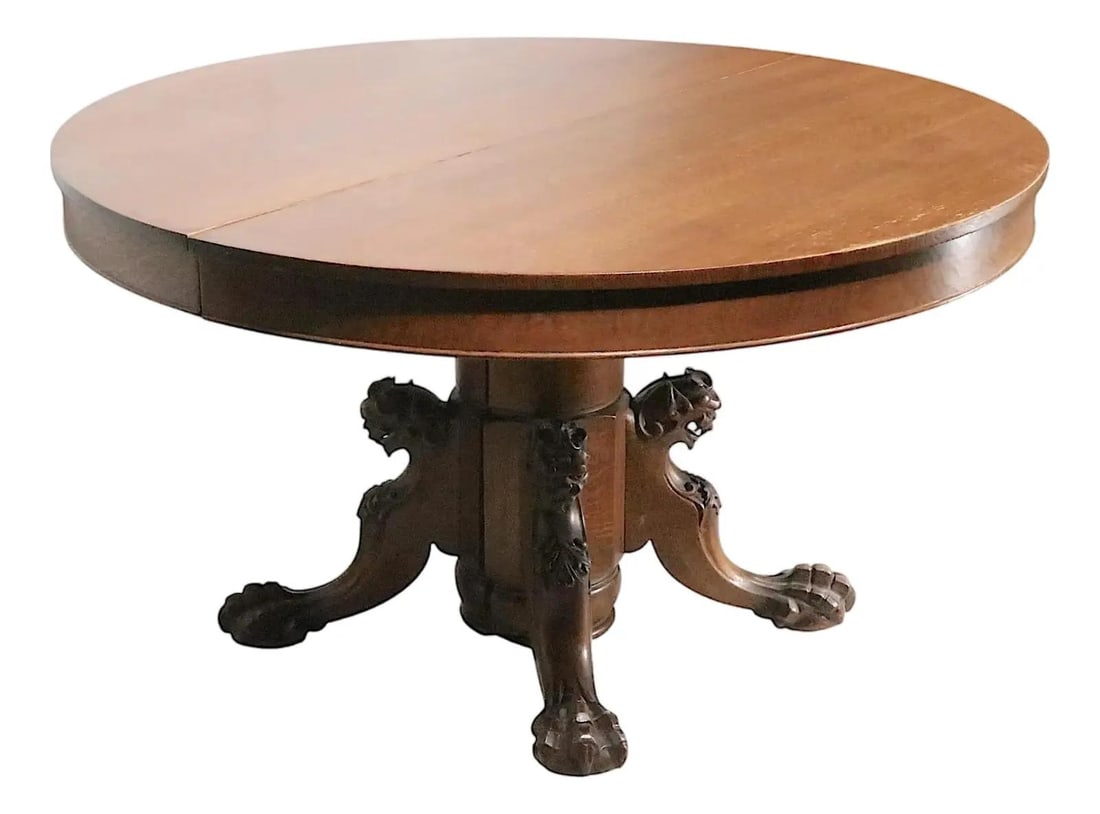 Victorian Round Oak Dining Table with Griffin Legs and Leaves (1 of 10)