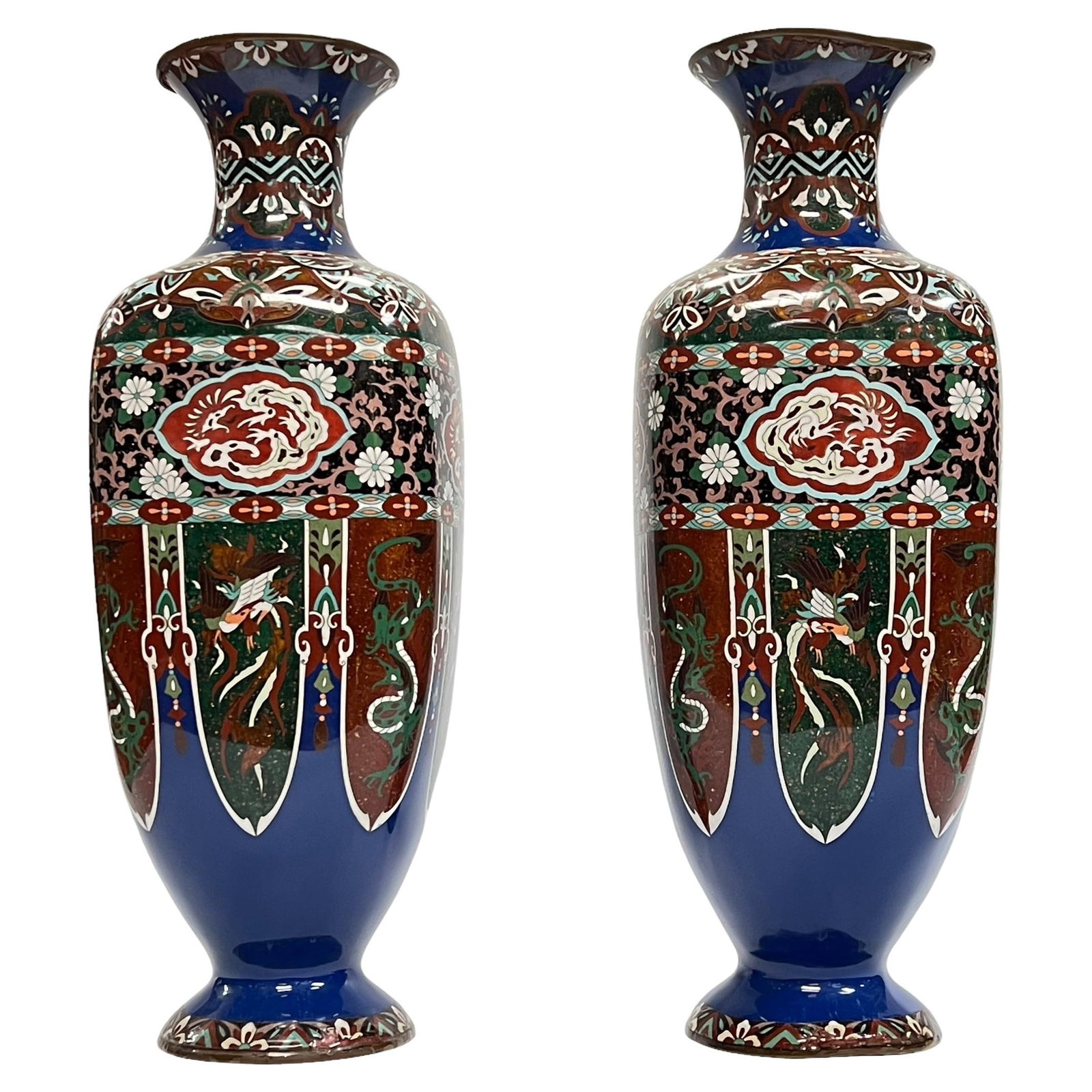 Set of Two Meiji Period Japanese Blue Cloisonne Enamel Vases (1 of 18)