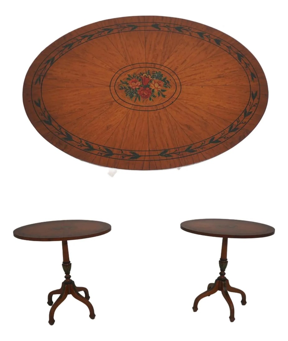 Set of Two 1930s Oval Inlaid Wood Pedestal Tables with Queen Anne Legs: Set of Two 1930s Oval Inlaid Wood Pedestal Tables with Queen Anne Legs This pair of vintage Adams style oval pedestal tables, dating to the 1930s, features fine carved details and high quality constru