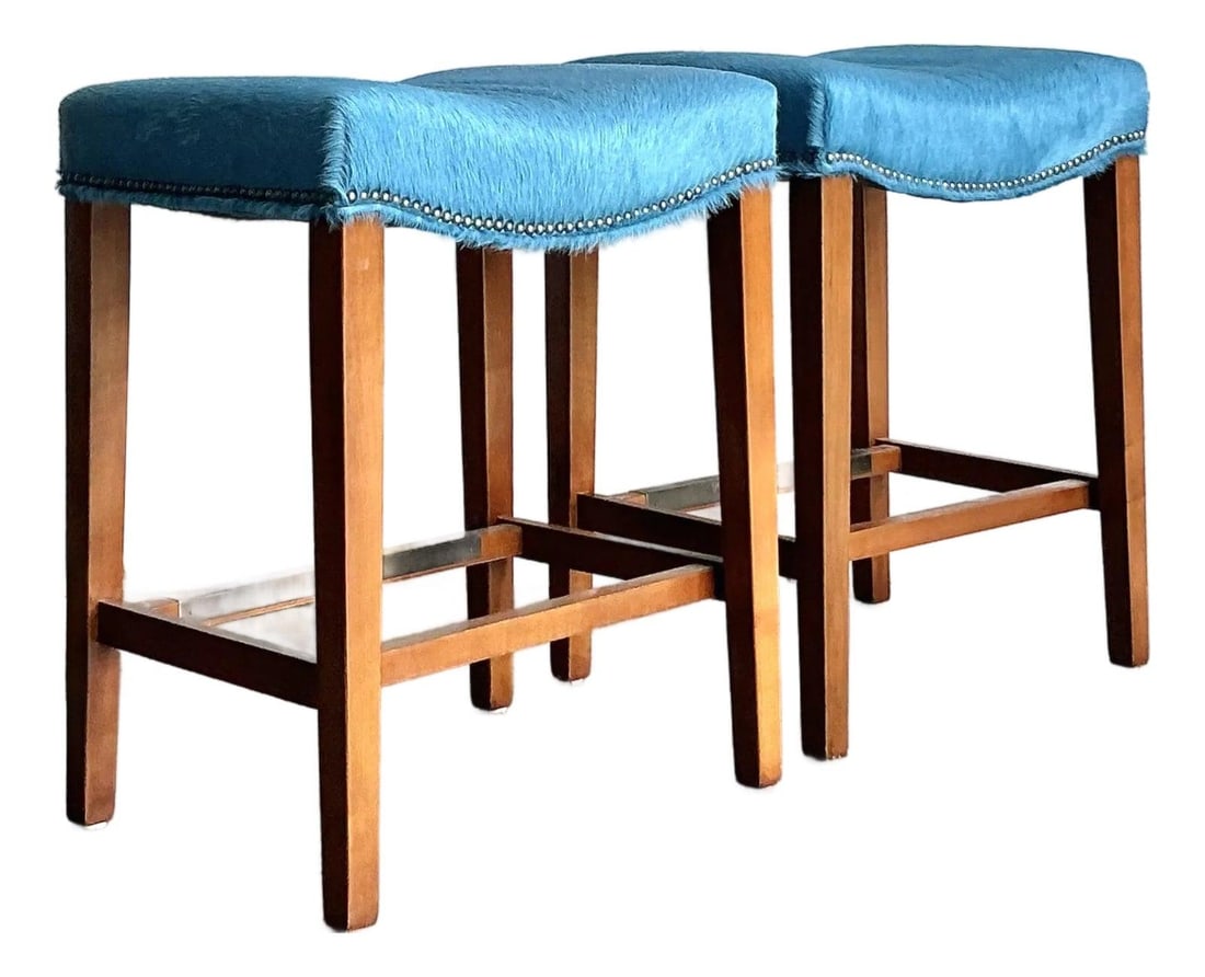 Pair of Madigan Teal Pony Hide Saddle Counter Stools with Brass Nailhead Trim (1 of 9)