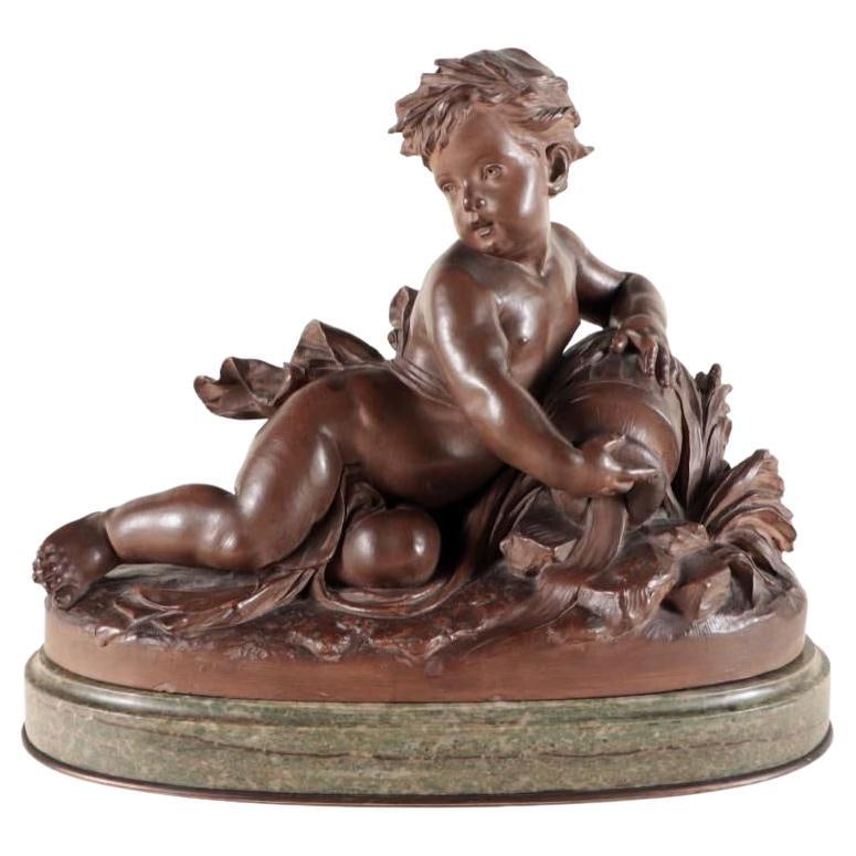 Neoclassical Terracotta Cherub Statue on Verdigris Marble Base After Carrier-Belleuse: Neoclassical Terracotta Cherub Statue on Verdigris Marble Base After Carrier-Belleuse This late 19th-century neoclassical sculpture features a cherub with a water jug, crafted in terracotta and set on