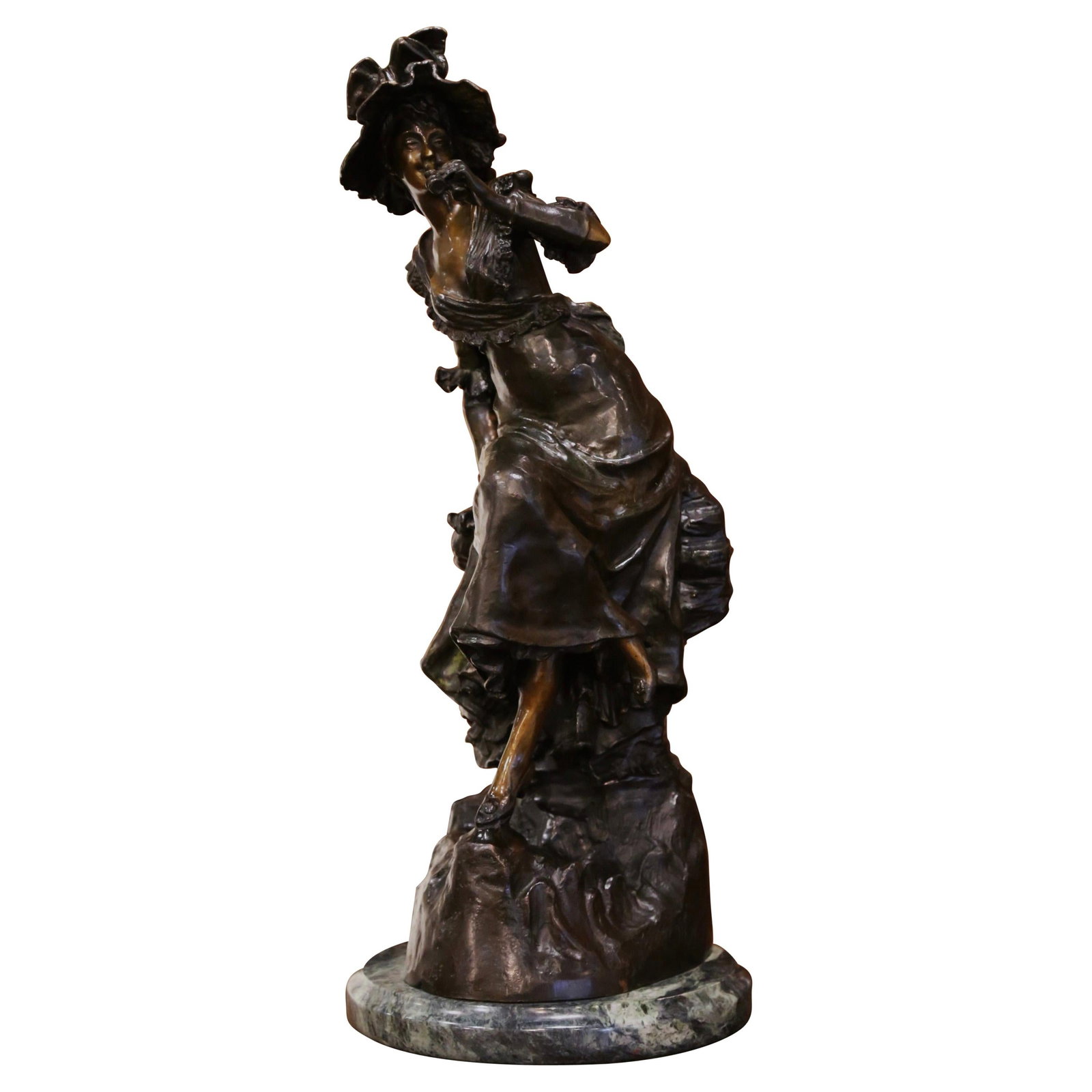 French Bronze Figure La Belle aux Jumelles Signed by L Hottot: French Bronze Figure La Belle aux Jumelles Signed by L Hottot This mid-century French bronze sculpture titled "La Belle aux Jumelles" is signed by L. Hottot. Crafted in France circa 1960, the hand-cra