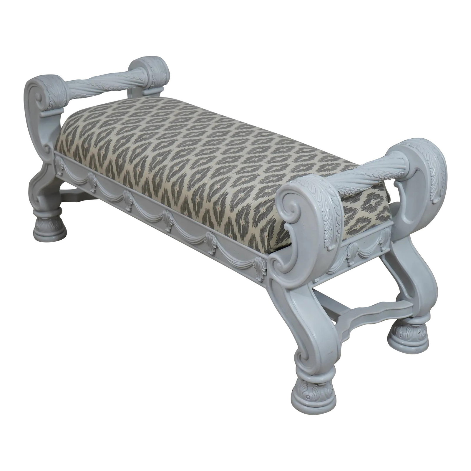 Elegant White Painted Carved Window Bench with New Upholstery (1 of 10)