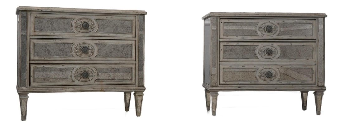 Set of Two Mirror Accent Chests with Three Drawers and Distressed Silver Finish (1 of 10)