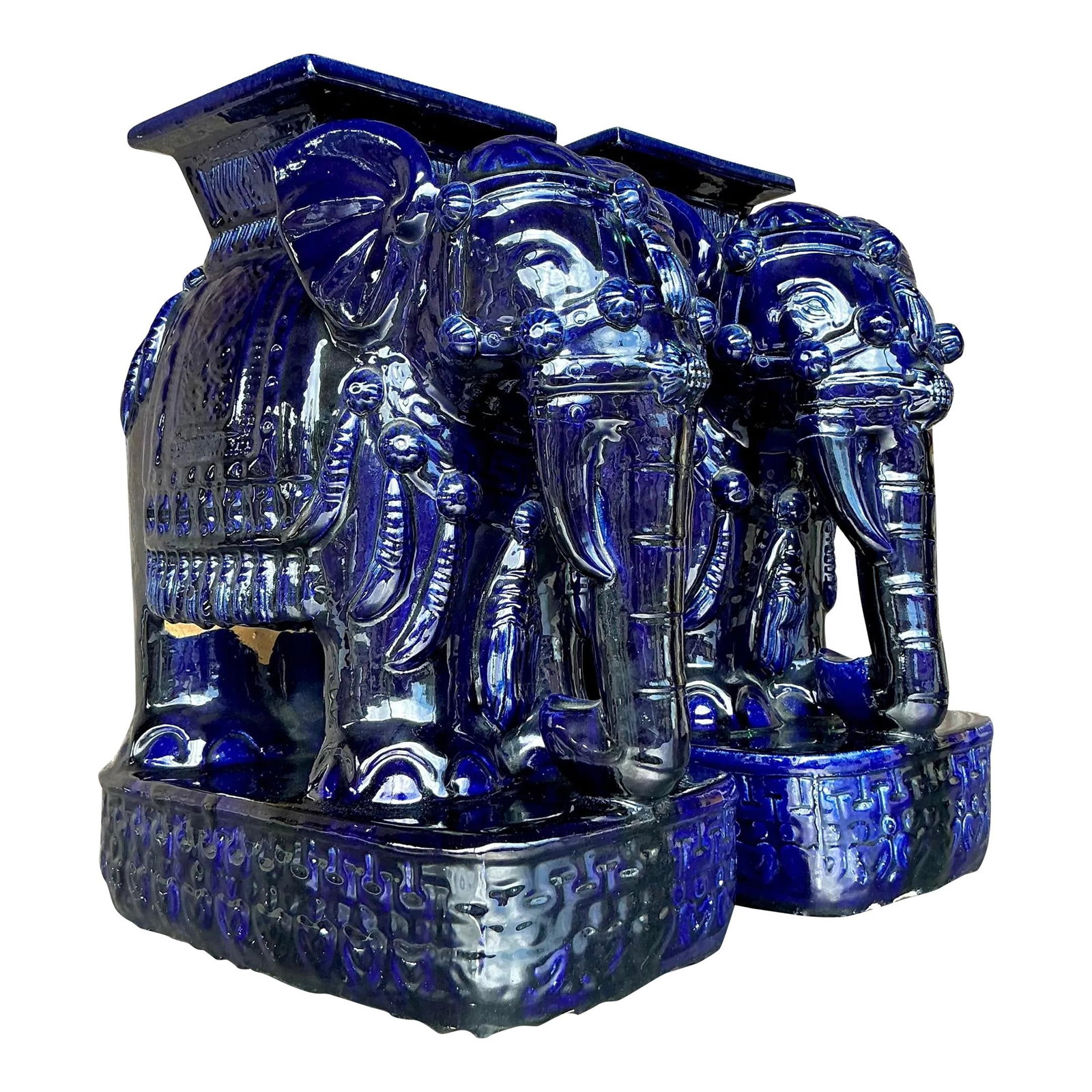 Pair of Vintage Regency Cobalt Blue Glazed Ceramic Elephant Stools (1 of 9)