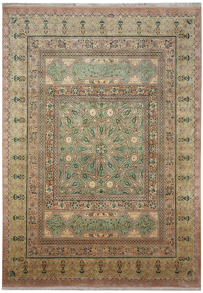 Hand-Knotted Pakistan Esfahan Wool Rug 108 x 150 in Green Gold: Hand-Knotted Pakistan Esfahan Wool Rug 108 x 150 in Green Gold Free continental US Shipping This hand-knotted area rug from Pakistan features a sophisticated Esfahan pattern with intricate dom details