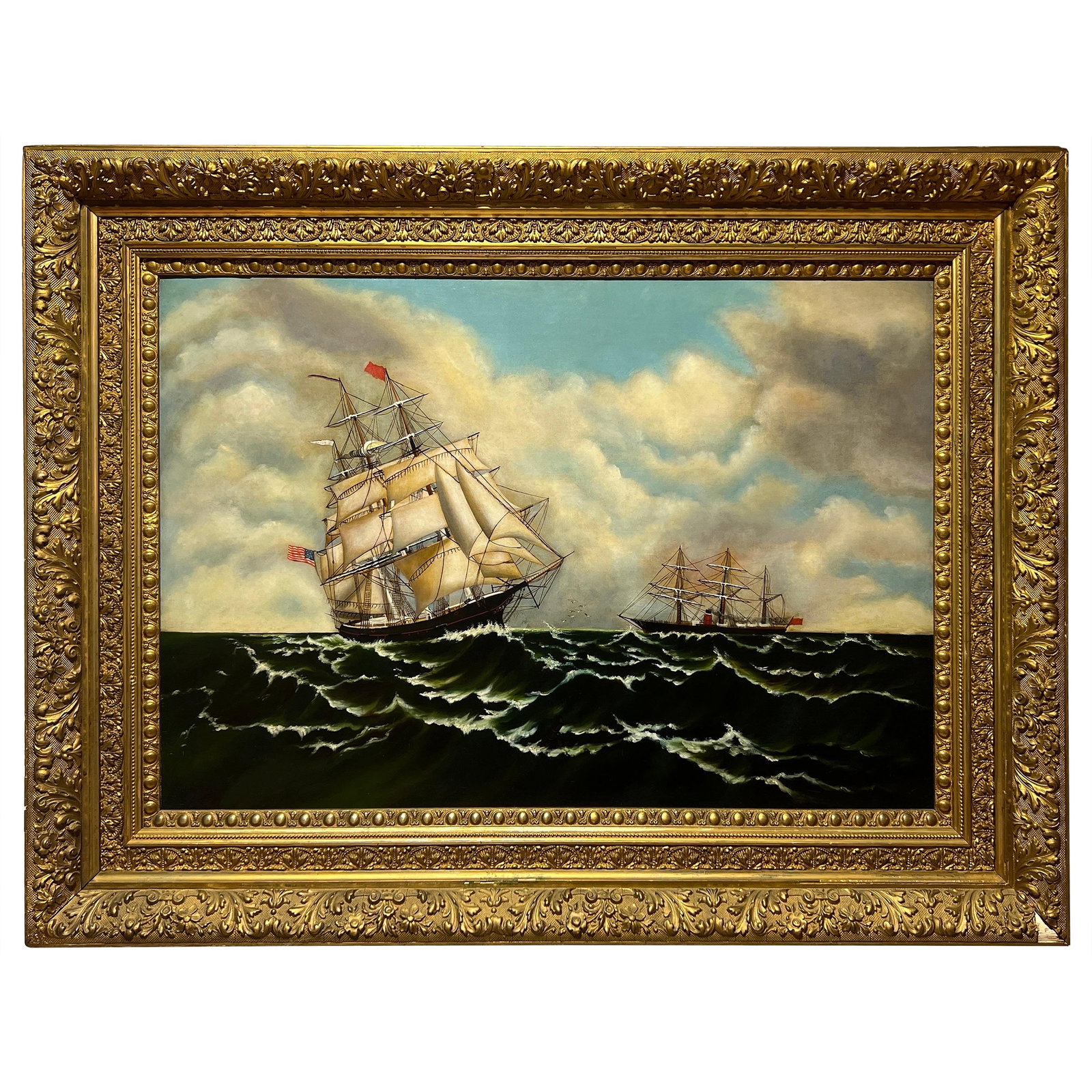 Large-Scale Union Clipper Ship Oil Painting in Ornate 19th Century Frame: Large-Scale Union Clipper Ship Oil Painting in Ornate 19th Century Frame This exquisite large-scale oil painting captures a Union Clipper ship sailing through tumultuous seas, showcasing the skillful