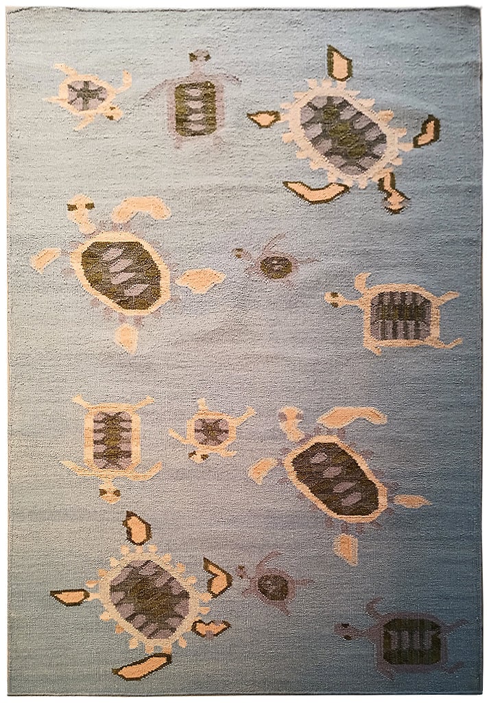 5.1 x 7.0 Blue Turtle Pattern Handmade Wool Area Rug: 5.1 x 7.0 Blue Turtle Pattern Handmade Wool Area Rug Free continental US Shipping Enhance your living space with the 5.1 x 7.0 Blue Turtle Pattern Handmade Wool Contemporary Rug. This exquisite area r
