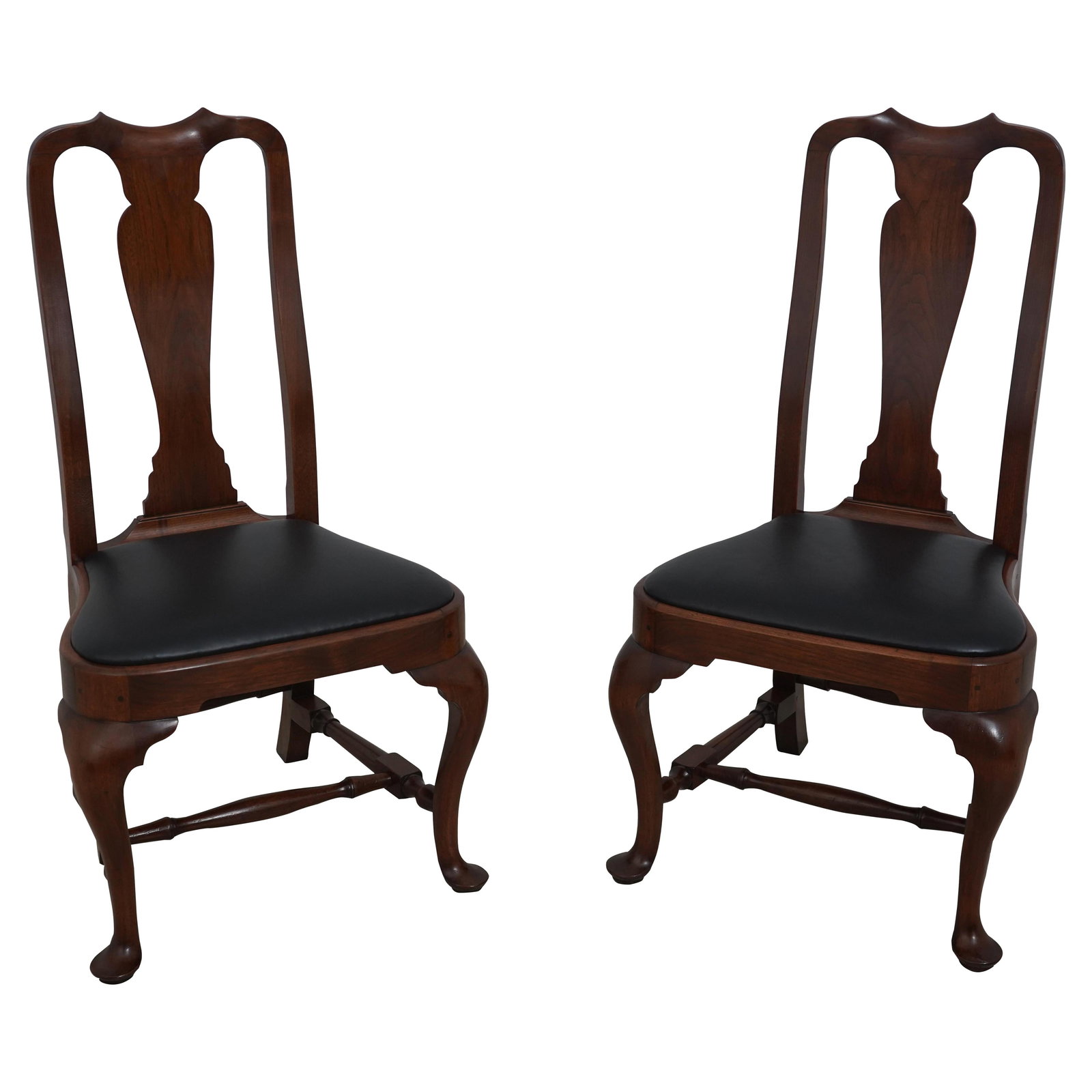 Exquisite Pair of Solid Walnut Side Chairs with Black Leather Seats: Exquisite Pair of Solid Walnut Side Chairs with Black Leather Seats This exquisite pair of side chairs showcases high-quality craftsmanship, made from solid walnut and featuring luxurious black leathe