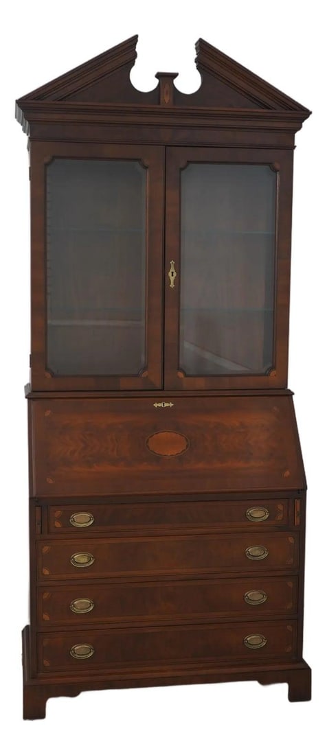 Mahogany Secretary Desk With Drop Front and Inlaid Leather Writing Surface: Mahogany Secretary Desk With Drop Front and Inlaid Leather Writing Surface This Hepplewhite style drop front secretary desk is crafted from mahogany and features a rich, high sheen finish. It showcase