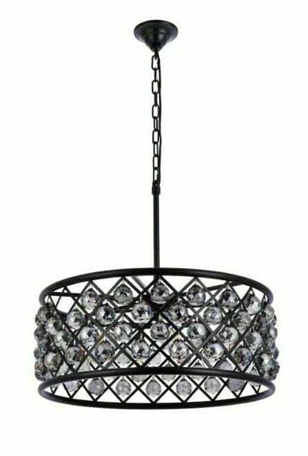 Madison 25" Crystal Chandelier Matte Black Silver Shade Six-Light Pendant: Madison 25" Crystal Chandelier Matte Black Silver Shade Six-Light Pendant This modern chandelier features a matte black metal frame paired with silver shade royal cut crystal balls, creating an elegan