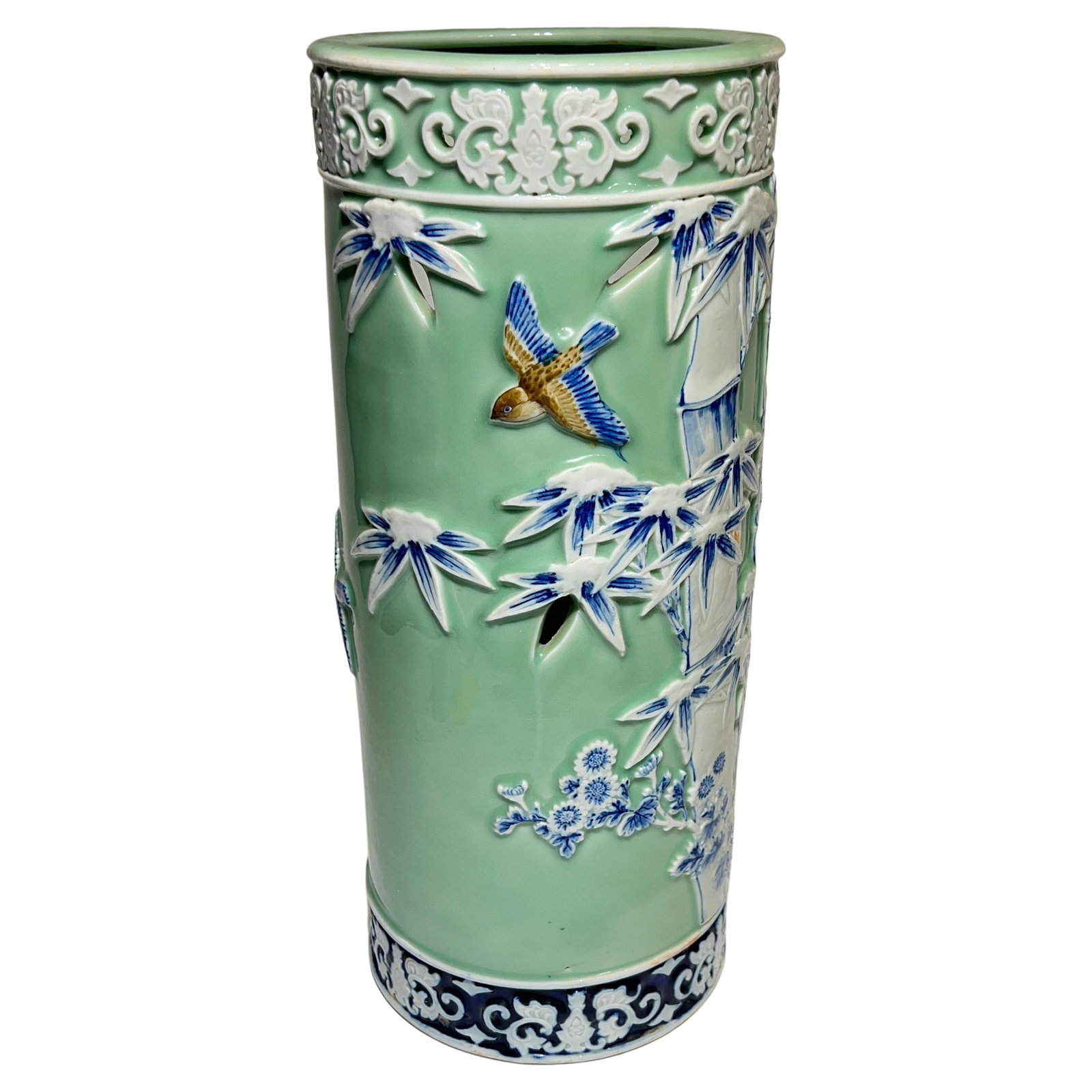 Early 20th Century Japanese Celadon Porcelain Umbrella Stand with Bird Motif (1 of 11)