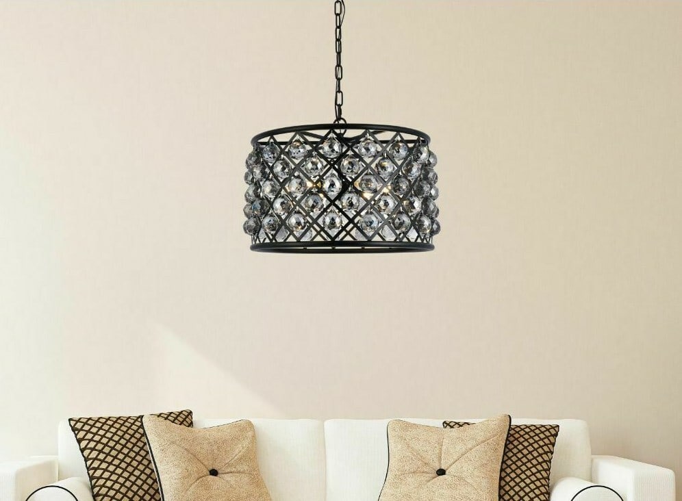 Madison 6 Light Matte Black Chandelier with Silver Shade Royal Cut Crystals 20 Inch: Madison 6 Light Matte Black Chandelier with Silver Shade Royal Cut Crystals 20 Inch This modern chandelier features a matte black iron frame adorned with royal cut silver shade crystal balls, creating
