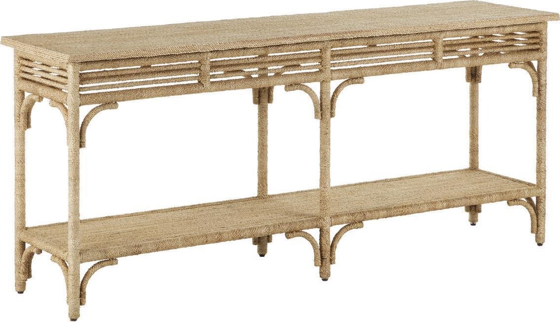 Currey Olisa Braided Console Table Coastal Style 72W Brown Carafe Finish: Currey Olisa Braided Console Table Coastal Style 72W Brown Carafe Finish The Olisa Braided Console Table exudes natural elegance with its coastal style design. Crafted from a combination of abaca rope