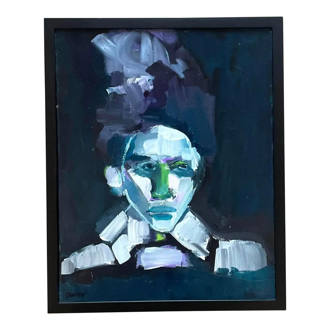 Framed Abstract Blue Portrait Signed Early 2000s Contemporary Artwork (1 of 8)