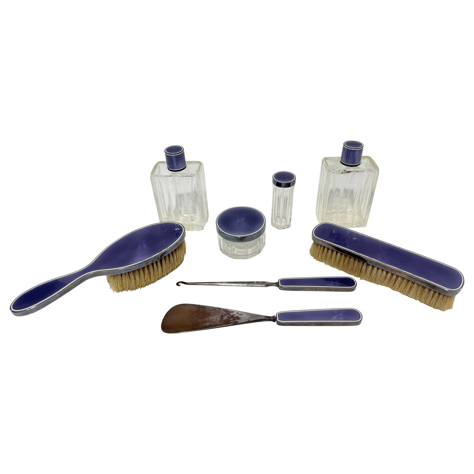 Art Deco Eight-Piece French Sterling Silver Guilloche Enamel Vanity Set Circa 1920 (1 of 11)